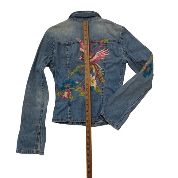 VTG Peacock Embroider Jean Jacket Extra Long Sleeves Y2K Fairygrunge dopamine - Picture 10 of 15